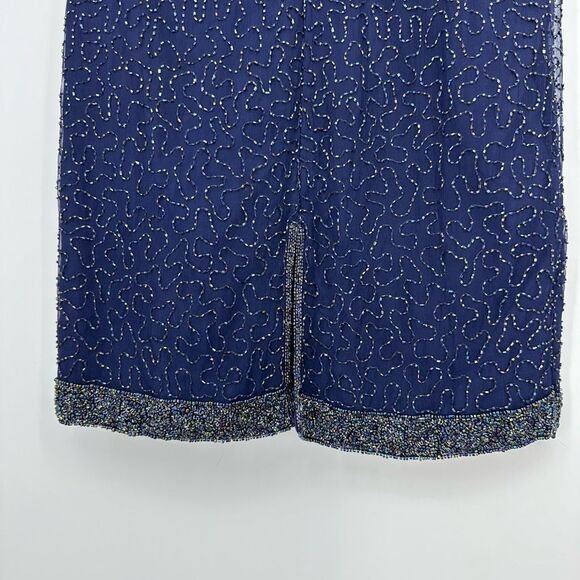 Vintage Laurence Kazar Silk All Over Beaded Mini Dress Size L Navy Cocktail - Picture 11 of 13